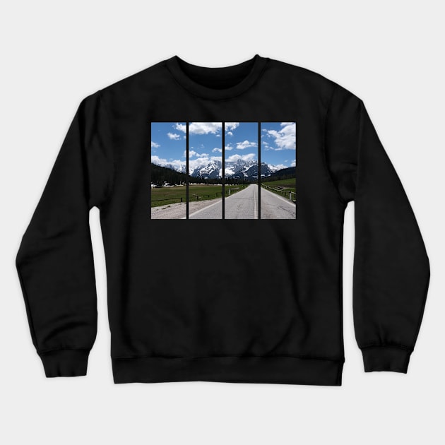 A shot on the move from the windshield of an electric car with italian snow-covered alps mountains in front of it. Sunny spring day. POV first person view shot on a mountain road. No people. Crewneck Sweatshirt by fabbroni-art